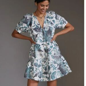 Pilcro Anthropologie Floral Cotton Linen Puff Sleeve Tunic Mini Dress Boho Small